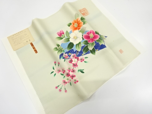 JAPANESE KIMONO / ANTIQUE FABRIC PANEL / SILK / KAGA YUZEN / CAMELLA & SAKURA / ARTIST WORK